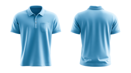 Front and back view of a light blue polo shirt