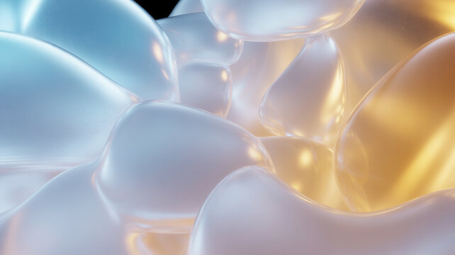 Closeup of translucent soap bubbles with colorful reflections and soft lighting