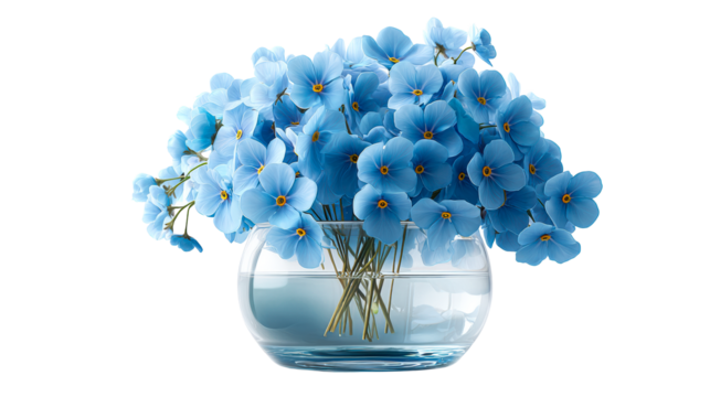 Vase of light blue forget-me-not flowers with yellow centers in clear water
