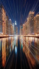 Urban Lights: A river reflects the vibrant cityscape at night, with streaks of light creating a dynamic, modern feel.