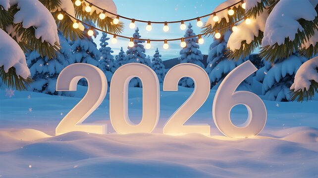 Happy new year 2026 text in a snowy winter forest with lights