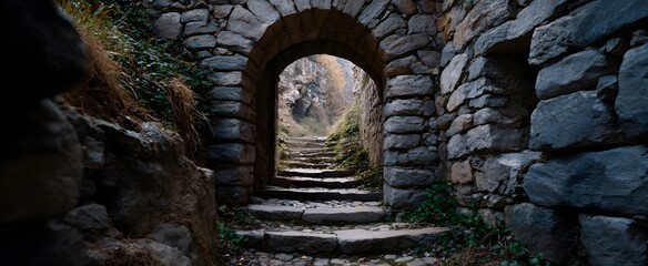 Fototapeta premium The narrow stone archway beckons with mysterious whispers of an ancient passageway.
