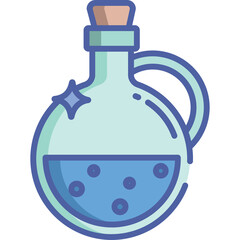 Glass Potion Bottle With Cork Stopper And Blue Liquid Bubbles Transparent Background Icon
