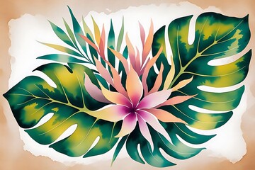 Watercolor of Tropical spring floral green leaves and flowers s isolated on transparent png background, bouquets greeting or wedding card decoration