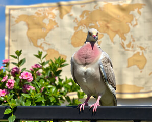 Dove bird with pink neck on fence with world map background