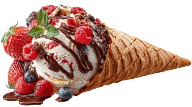 Gourmet strawberry and chocolate ice cream cone dessert on a white plate