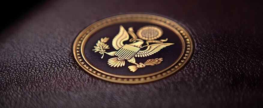 The presidential seal stamped on a leather document folder for official use