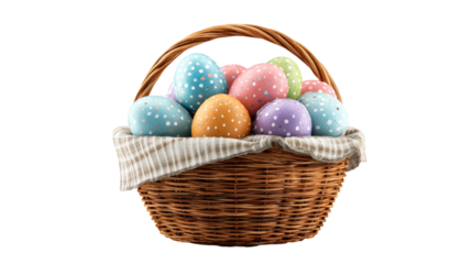 Woven basket filled with colorful polka dot Easter eggs