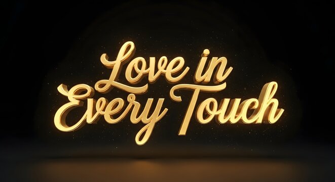 A glowing neon sign displays the phrase 'Love in Every Touch' in elegant cursive script against a dark background, creating a warm and inviting atmosphere