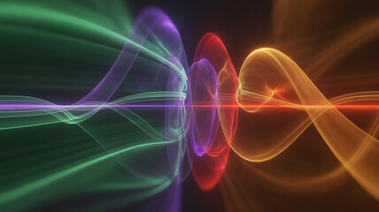 Abstract visualization of colorful sound waves or energy streams colliding and interacting in a dark environment