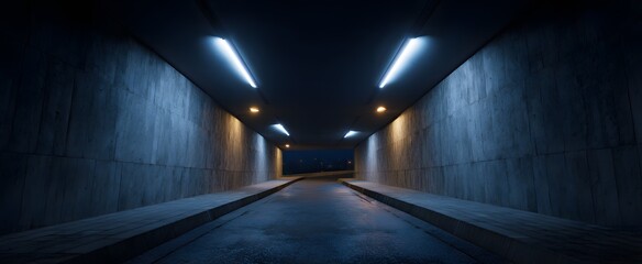 Fototapeta premium The urban underpass feels cold and lonely beneath harsh overhead lighting.