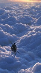 A lone traveler stands amidst a sea of fluffy clouds, looking towards the horizon during a pastel-colored sunrise.