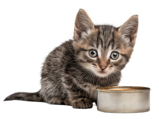 Little cat isolated, young kitten eating canned cat food, adorable kitten close-up portrait, isolated on a transparent background, professional pet photography, pet food advertising concept