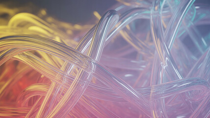 Abstract tangle of translucent tubes with colorful light streaks, representing data flow or connections