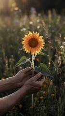 Sunflower Plant in Hands. Ecology concept. Nature Background