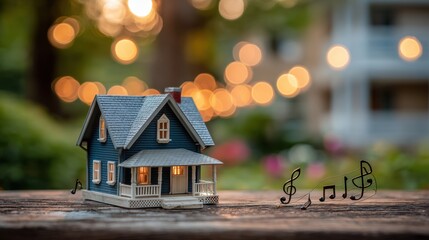 Miniature house with soft, out-of-focus lighting and musical notes evoking feelings of home, comfort and melodies.