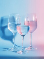 Fototapeta premium Transparent Glasses Filled With Colored Water on a Light Blue and White Gradient Background Create a Calm and Modern Aesthetic