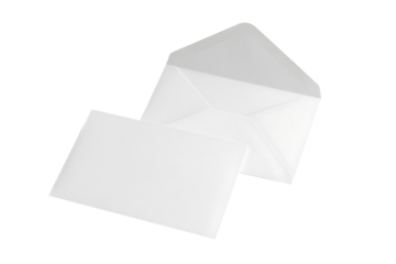 Two clean white translucent paper envelopes one opened showcasing simple geometry on a light background isolated on transparent background