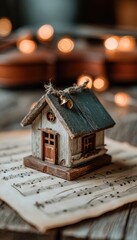 Miniature house perched on sheet music evokes a sense of warmth and melody, illuminated by soft bokeh lights in the background.
