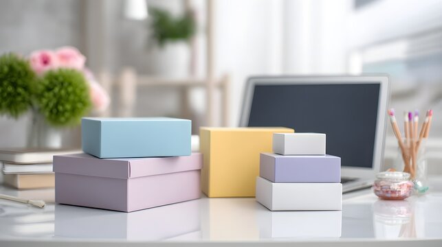 Stack of books and laptop on the table at home. Stack of colorful books on white table with laptop. Gift boxes and laptop on white table, online shopping concept.