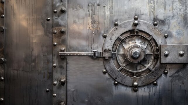 A close-up of a metallic vault door with a circular lock mechanism. The surface is textured with rivets and a weathered finish, suggesting security and strength.