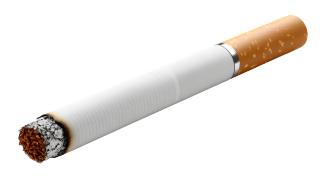 Burning cigarette with ash and filter on white background