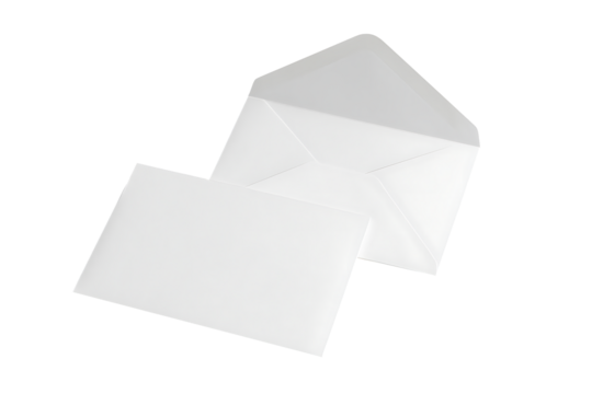 Two clean white translucent paper envelopes one opened showcasing simple geometry on a light background isolated on transparent background - Powered by Adobe