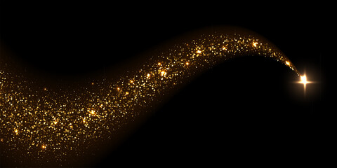 Golden glitter trail with glowing star. Sparkling golden particles forming smooth curved path ending in radiant light burst on dark background. Festive magic vector illustration.