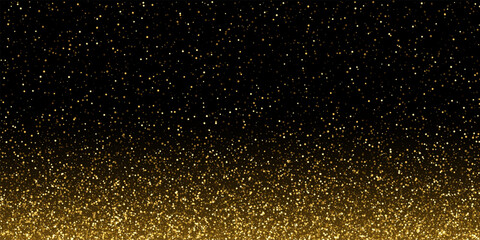 Gold glitter confetti on black background. Shiny glowing particles concentrated at bottom with fading effect toward top. Festive vector illustration for luxury celebration and elegant event design.
