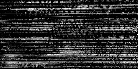 Grunge noise texture background. White scratch pattern on black with distressed vintage glitch effect and analog static lines. Retro overlay vector illustration.