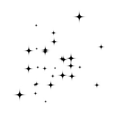 Black star halftone pattern. Abstract burst of glowing sparkle shapes on white background. Retro dotted star cluster design for comics, pop art, or decorative effects. Vector illustration.