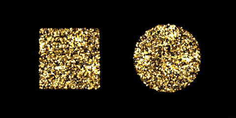 Golden glitter bokeh shapes. Dense shimmering particles forming square and circular shapes on black background. Sparkling festive decoration, luxury confetti. Vector illustration.