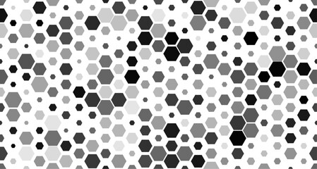 Honeycomb pattern background with random hexagonal shapes in grayscale. Abstract geometric texture with seamless layout and modern minimal style. Monochrome vector illustration.