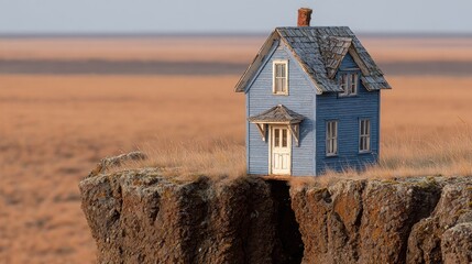 Precarious Perch: A lone blue house clings to the edge of a crumbling cliff, overlooking a vast, empty landscape under a muted sky.