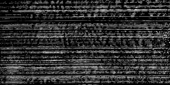 Grunge noise texture background. White scratch pattern on black with distressed vintage glitch effect and analog static lines. Retro overlay vector illustration.