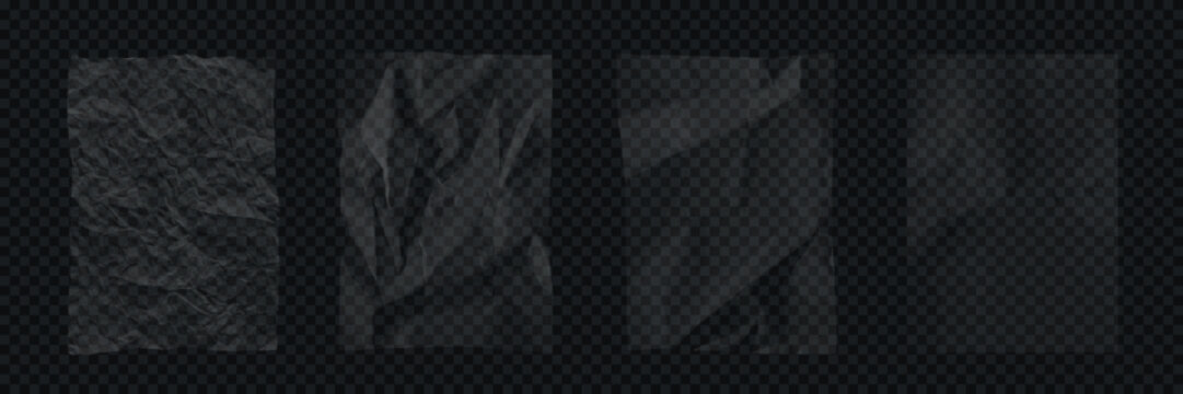 Transparent crumpled plastic textures. Set of wrinkled clear film overlays with light reflections on dark transparent background. Realistic vector illustration.