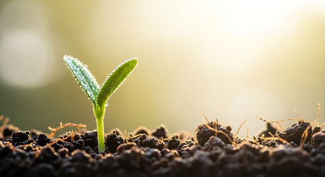 Nature's resilience: a beautiful close-up of a new sprout rooted firmly in the brown, fertile ground