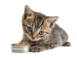 Little cat isolated, young kitten eating canned cat food, adorable kitten close-up portrait, isolated on a transparent background, professional pet photography, pet food advertising concept