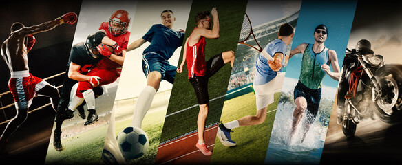Dynamic collage of athletes from boxing, football, soccer, athletics, tennis, swimming, and motorcycling. Concept of sports diversity, teamwork, and motion for advertising and fitness branding.