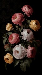 Vintage bouquet of beautiful flowers on black. Floral background. Baroque old fashiones style. Natural pattern wallpaper or greeting card