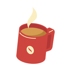 Vibrant red coffee mug filled with steaming hot beverage, adorned with a bean icon, perfect for an energizing morning start