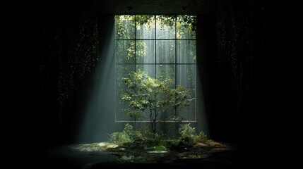 Solitude and Light: A tranquil indoor space, with a window framing a vibrant outdoor scene. Sunlight streams through the window, illuminating the space.