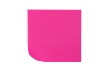 A vivid neon pink sticky note with a slightly curled bottom left corner is placed on a smooth gray background isolated on transparent background