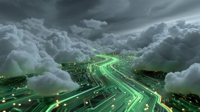 Digital Cloudscape: An abstract depiction of data streams navigating through a digital cloud, symbolizing the essence of modern technology and connectivity. - Powered by Adobe