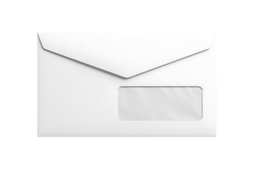 A standard white business envelope with a clear window in the bottom right corner is shown on a neutral gray surface isolated on transparent background