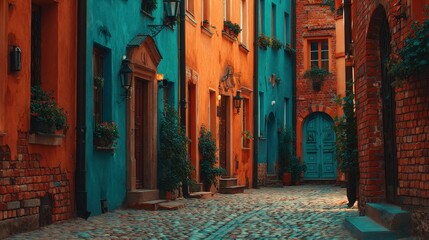 Cobblestone path winding through vibrant facades in the old town, creating a picturesque and historical European street scene.