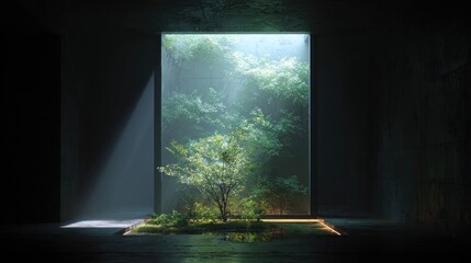 Nature's Portal: An awe-inspiring perspective of nature, where the natural world has taken center stage in an interior composition with a portal.