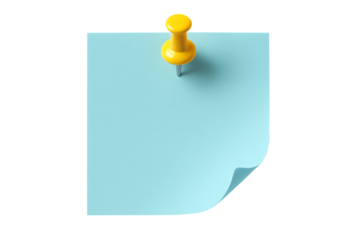 A light blue square sticky note with a yellow push pin centered at the top is attached to a gray surface isolated on transparent background