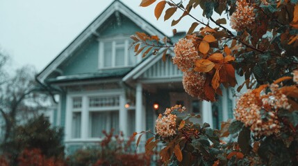 Rainy Day Cottage: A charming blue cottage framed by autumn foliage creates a tranquil and cozy scene in the gentle rain. Serene home.