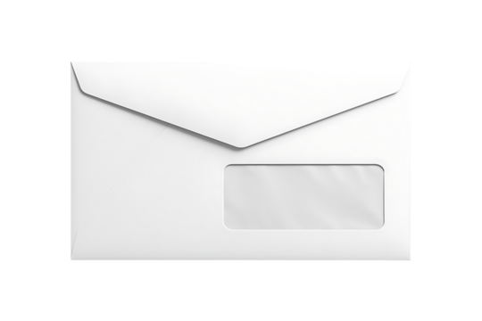 A standard white business envelope with a clear window in the bottom right corner is shown on a neutral gray surface isolated on transparent background